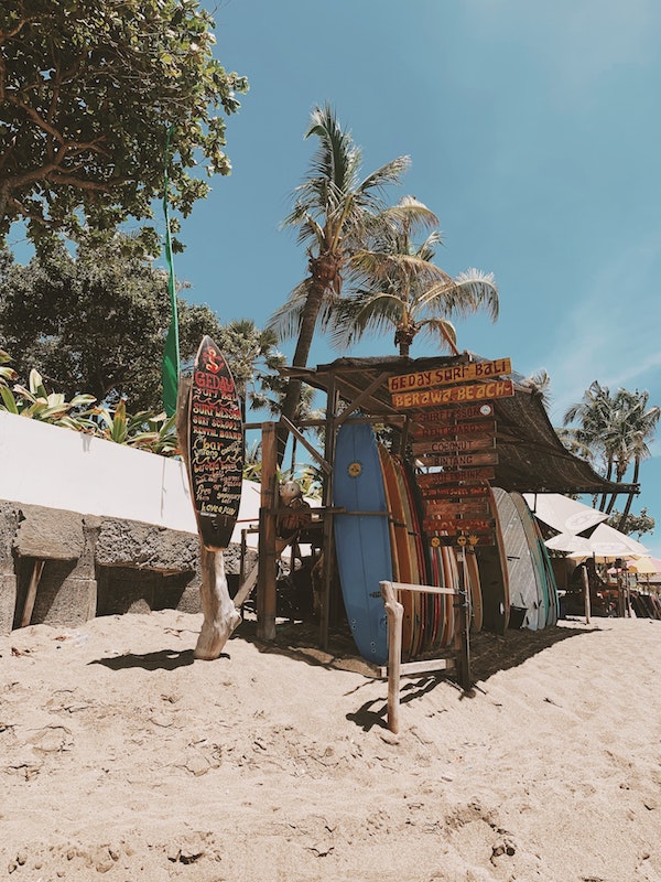 surfboards at berawa beach in canggu in bali