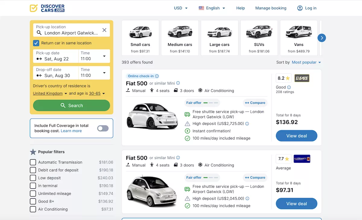 discovercars.com dashboard for booking a car rental