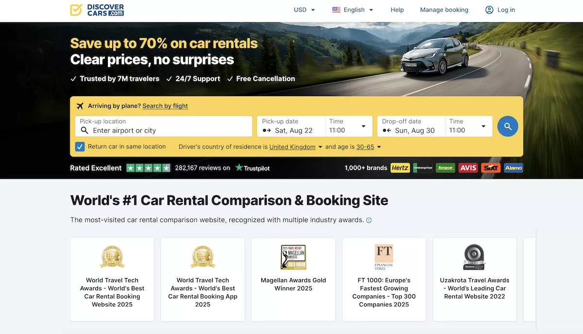 discovercars.com dashboard for booking a car rental